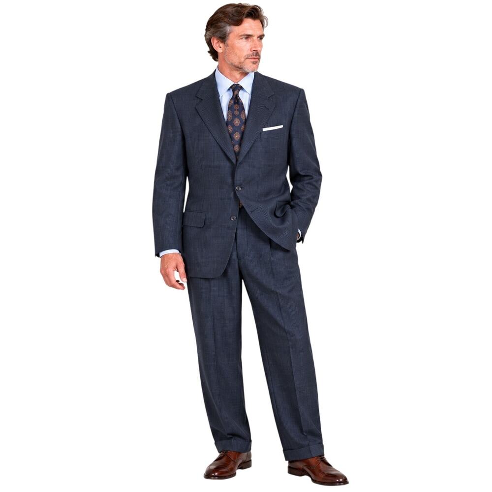 Vintage 80s Burberrys 48R Navy Plaid Wool Suit Boyds